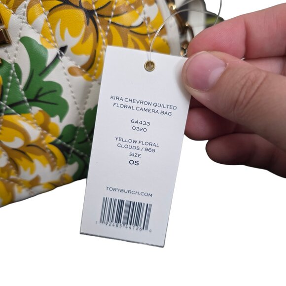 Tory Burch Kira Chevron Camera Bag Quilted Yellow White Floral Chain Crossbody - Picture 7 of 10